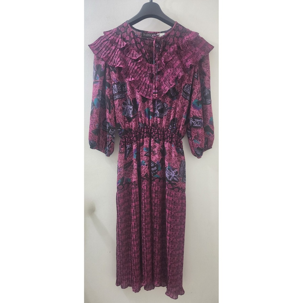 Vintage Plaza South Magenta Abstract Pleated Ruffle Midi Dress Size 8